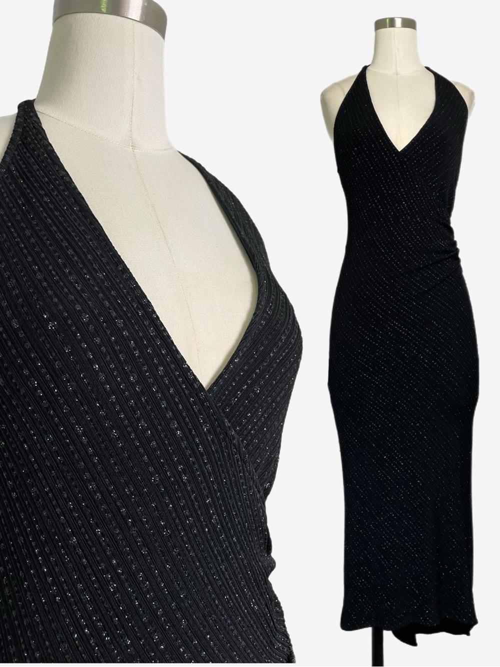 Alexia Admor New York black glitter asymmetric ruched halter midi dress Y2K S